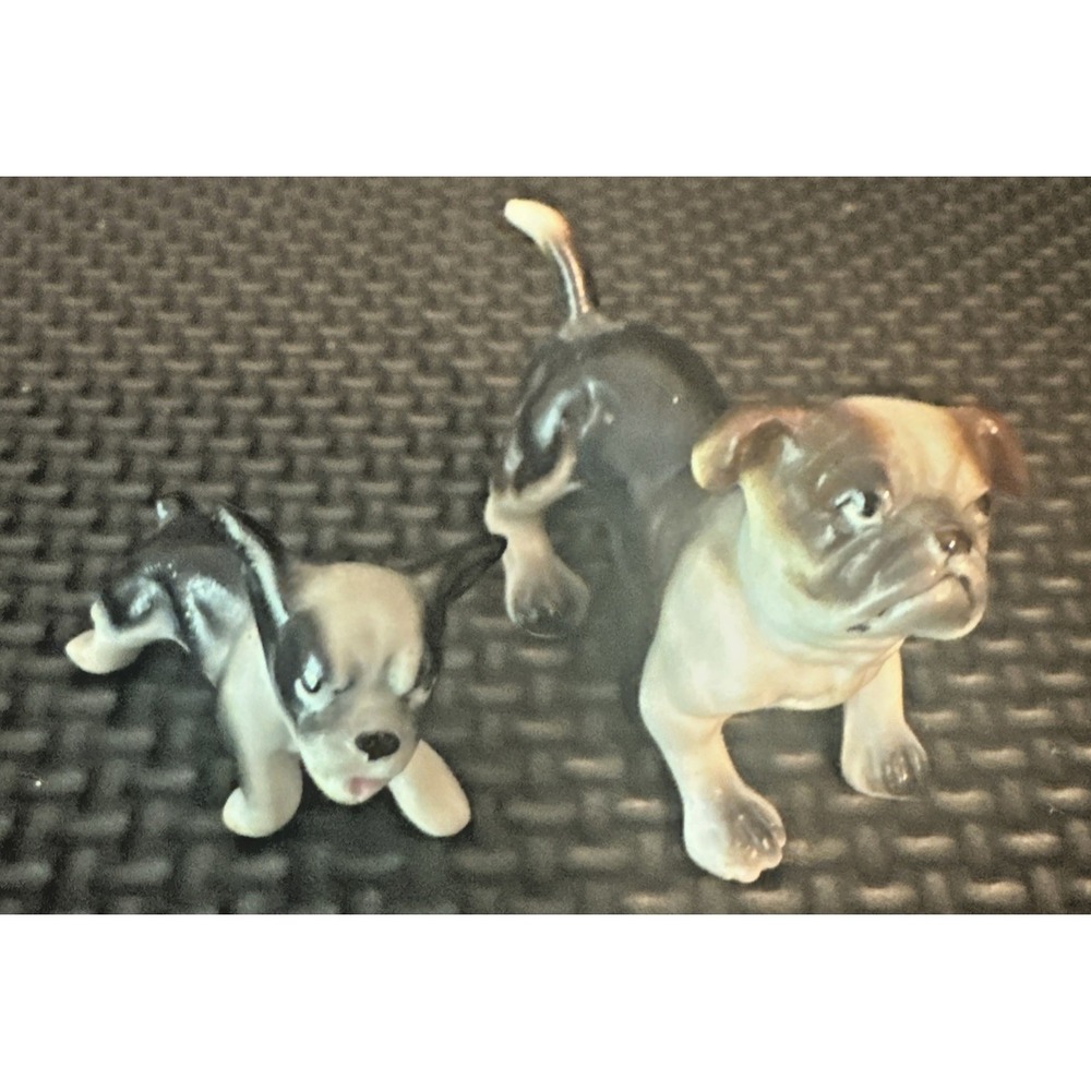 Vtg Bone China Miniature 2pc English Bulldog Family Figurines ~ Vintage Japan